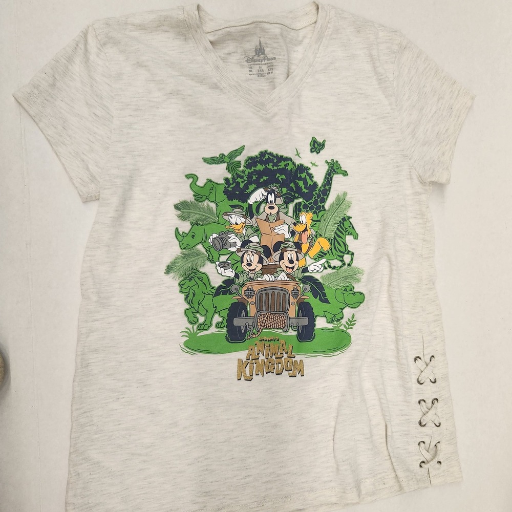 Disney Parks Animal Kingdom T Shirt White Mickey & Friends Lace Up Sides XL